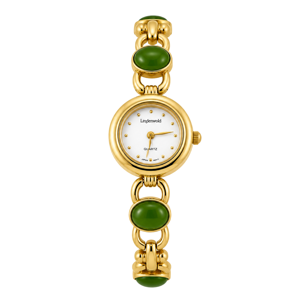 Vintage Lindenwold Green Cabochon Gold Tone Quartz Watch Original Box 1