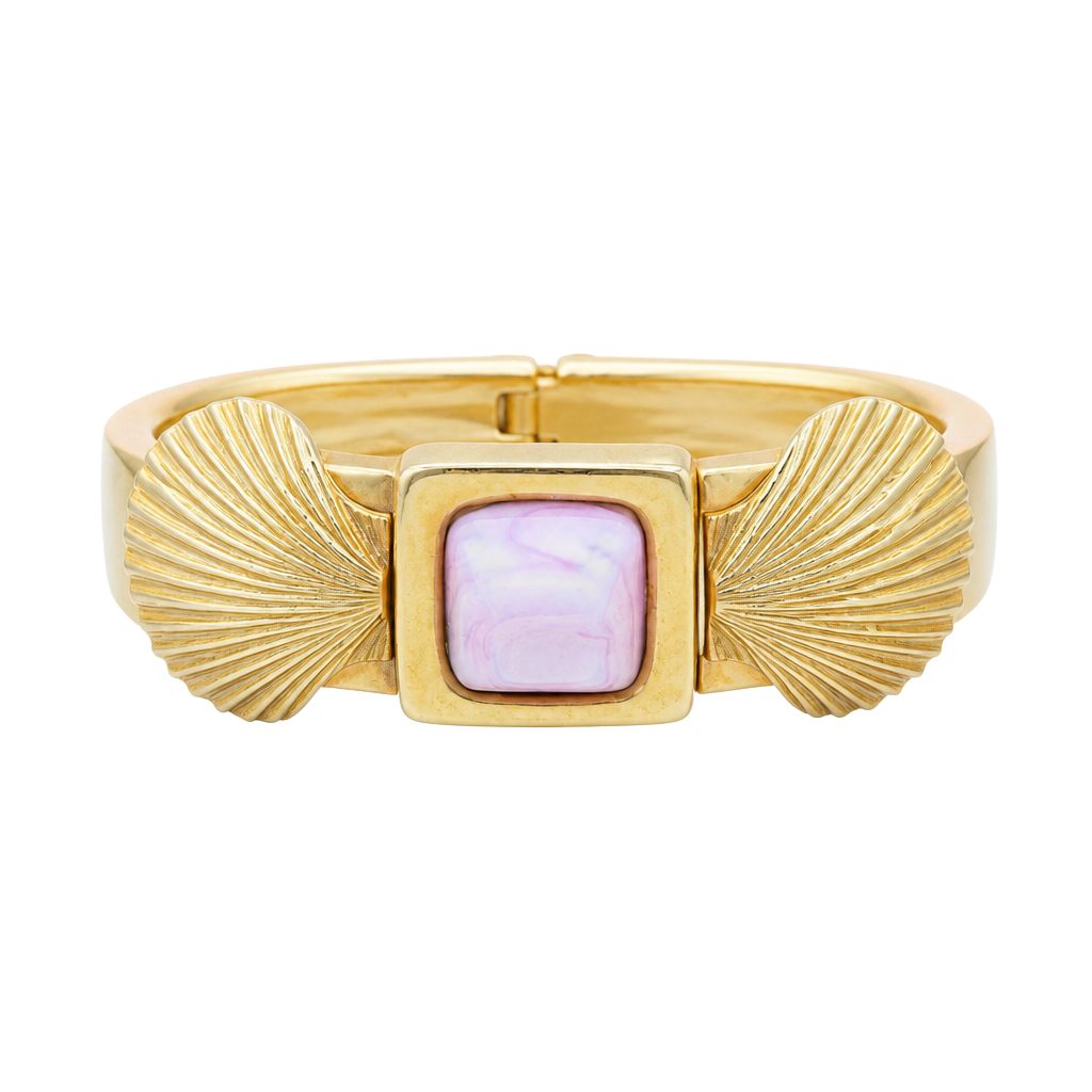 Vintage Castlecliff Gold Tone Shell Hinge Bangle Bracelet with Pink Cabochon 1
