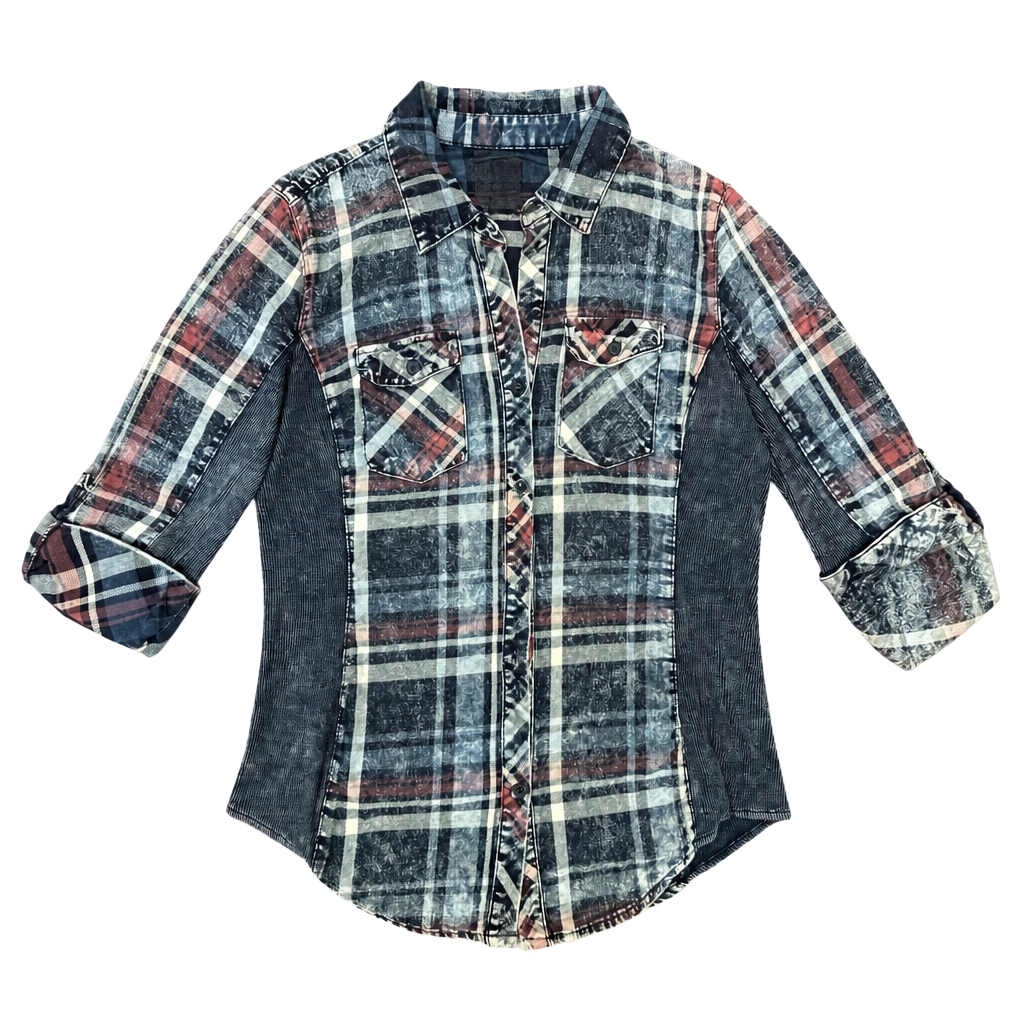 Ci Sono Plaid Collection Women's Acid Wash Button Down Shirt with Ribbed Side 1