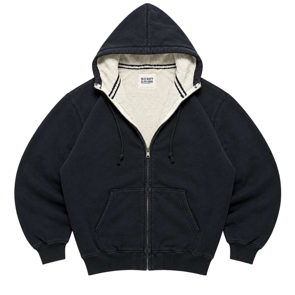 Old Navy XXL Heavyweight Sherpa Lined Zip Hoodie Black Faded Grunge 1