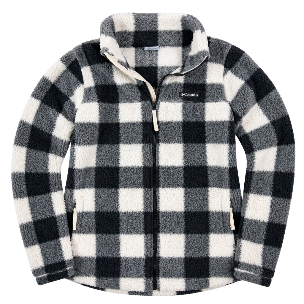 Columbia Women's West Bend Full Zip Sherpa Fleece Jacket Chalk Check Print Large 1