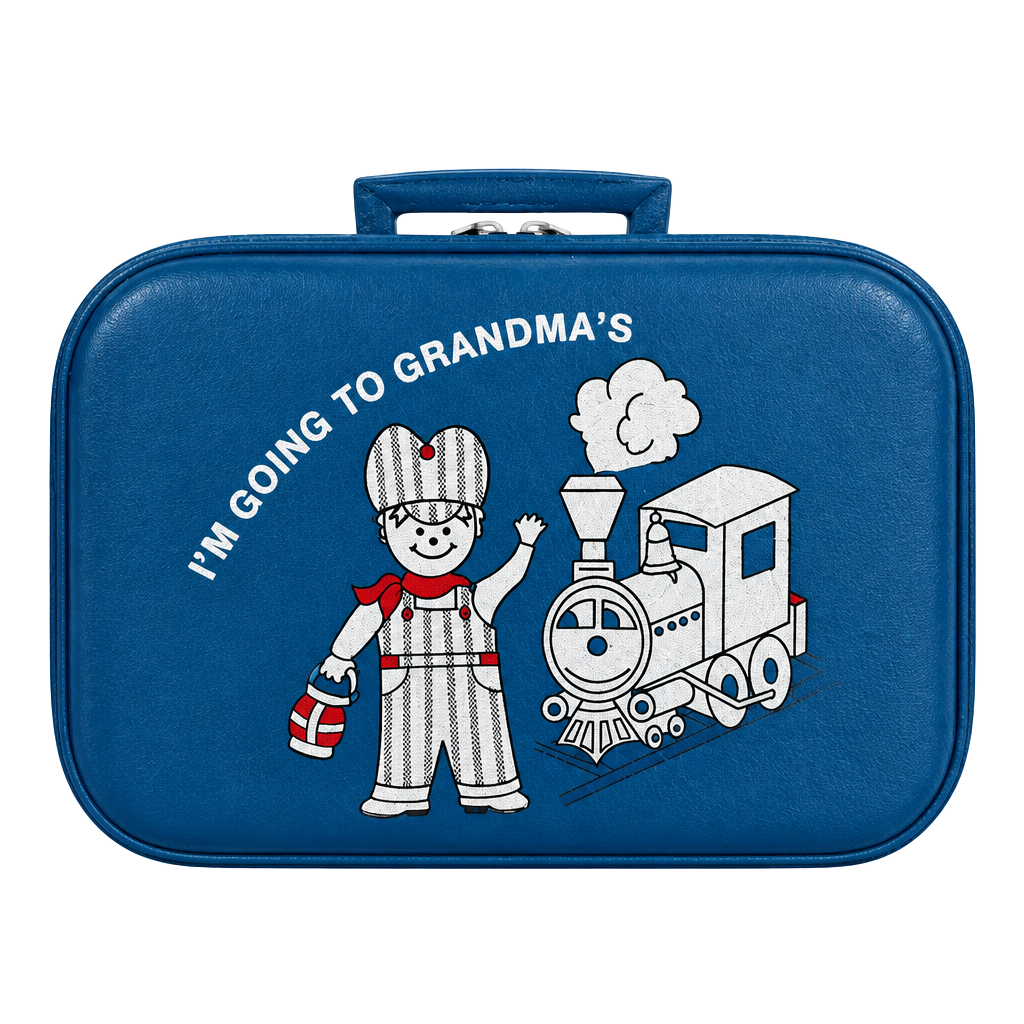 Vintage I'm Going To Grandma's Blue Child's Suitcase Train Graphic 1