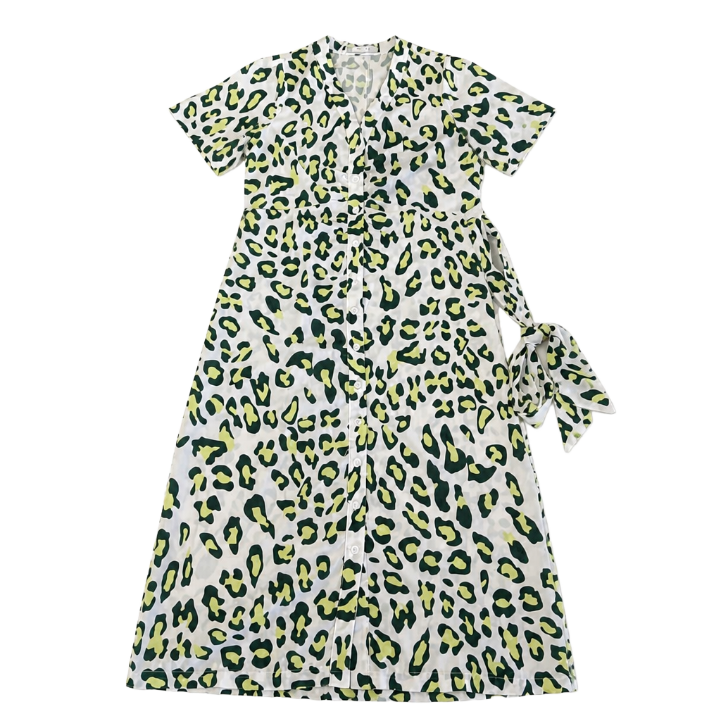 Kourt Green Leopard Print Button-Down Tie-Waist Midi Dress, Size XS 1