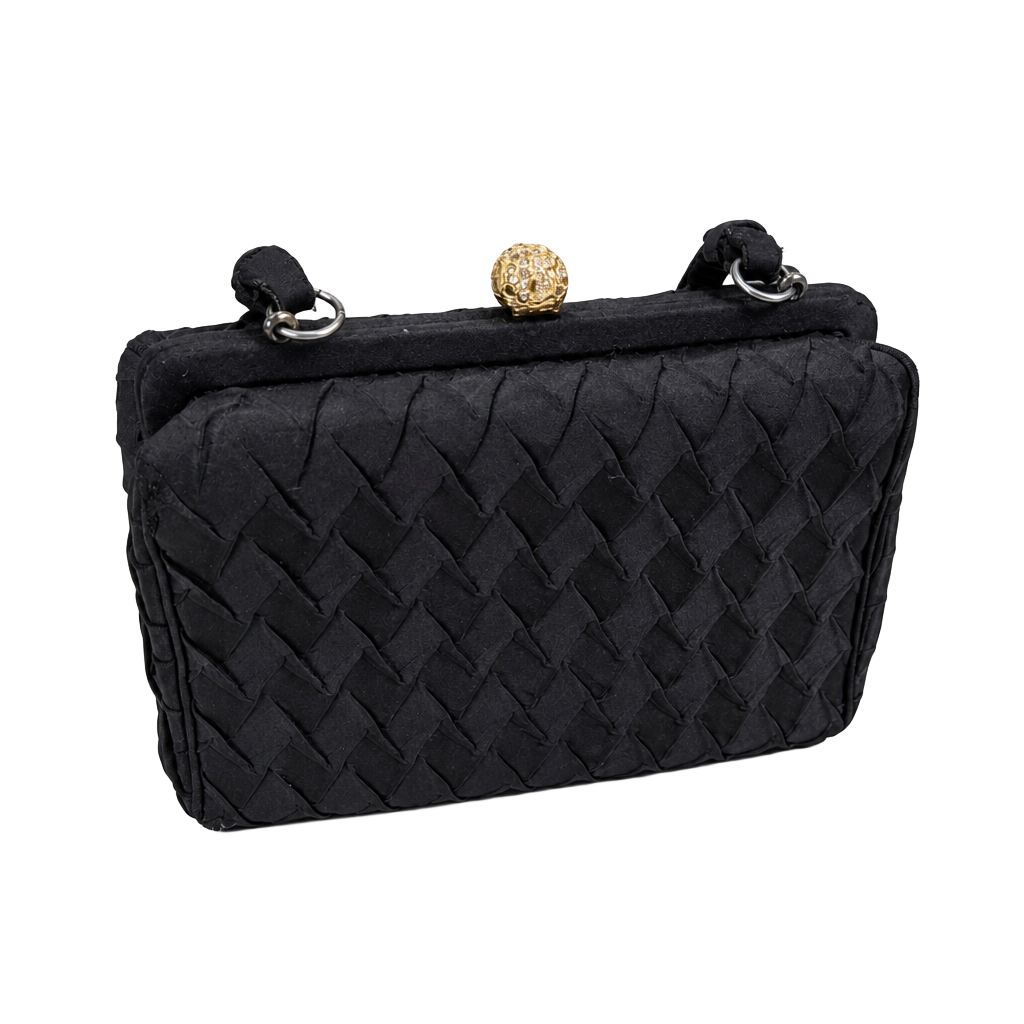 Vintage Arnold's Chicago Black Satin Evening Bag with Rhinestone Clasp 1