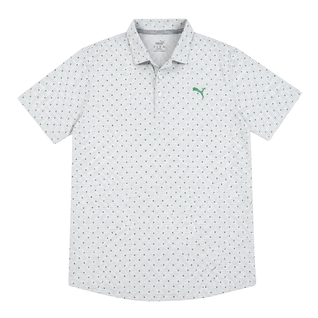 Puma MATTR Spring Season Golf Polo Shirt White Green Striped Diamond Print 1