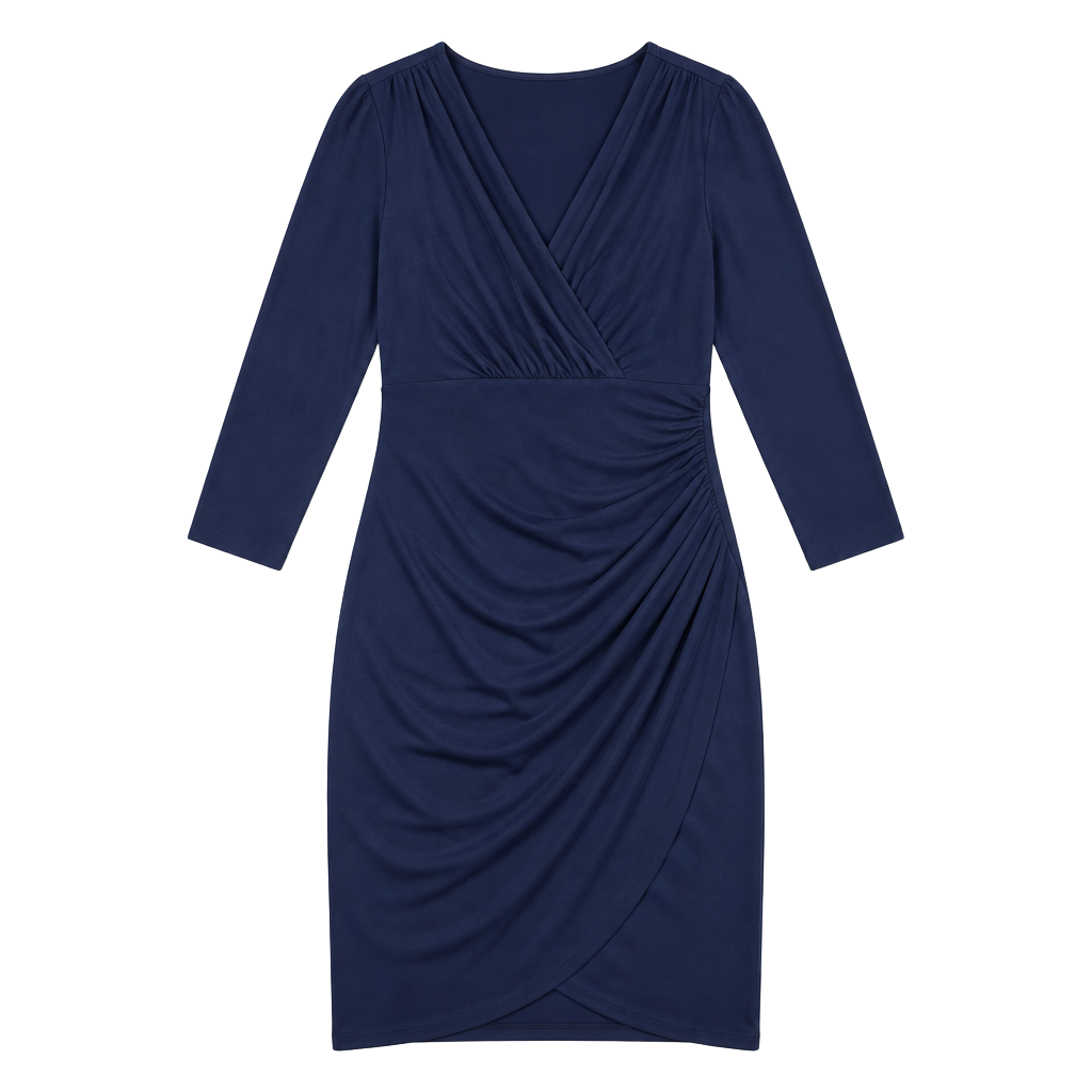Lauren Ralph Lauren Navy Blue Faux Wrap Ruched Long Sleeve Midi Jersey Dress Size 4 1