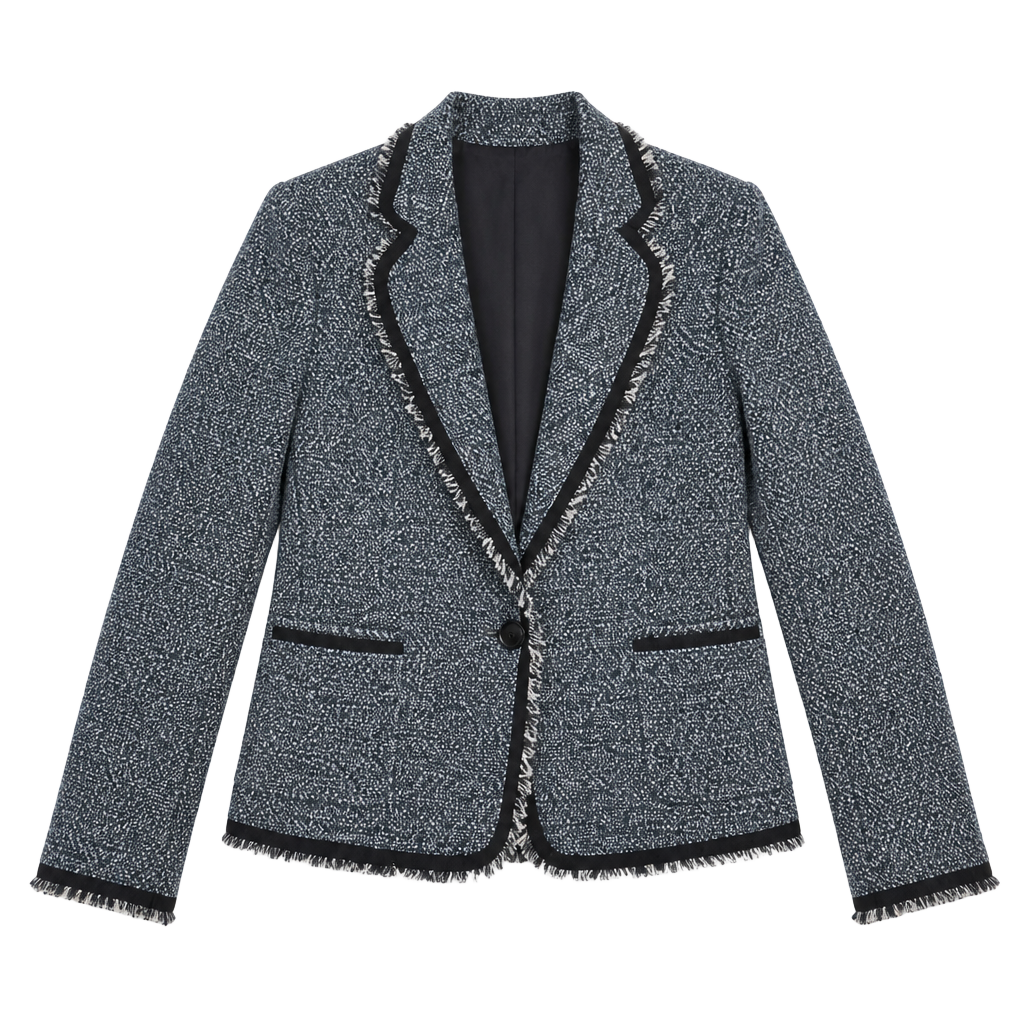 Anne Klein Blue and White Tweed Fringe Trim One-Button Blazer Size 8 1