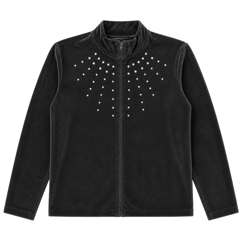 Sag Harbor Sport Zip Front Velour Jacket Size Large Faux Pearls 1