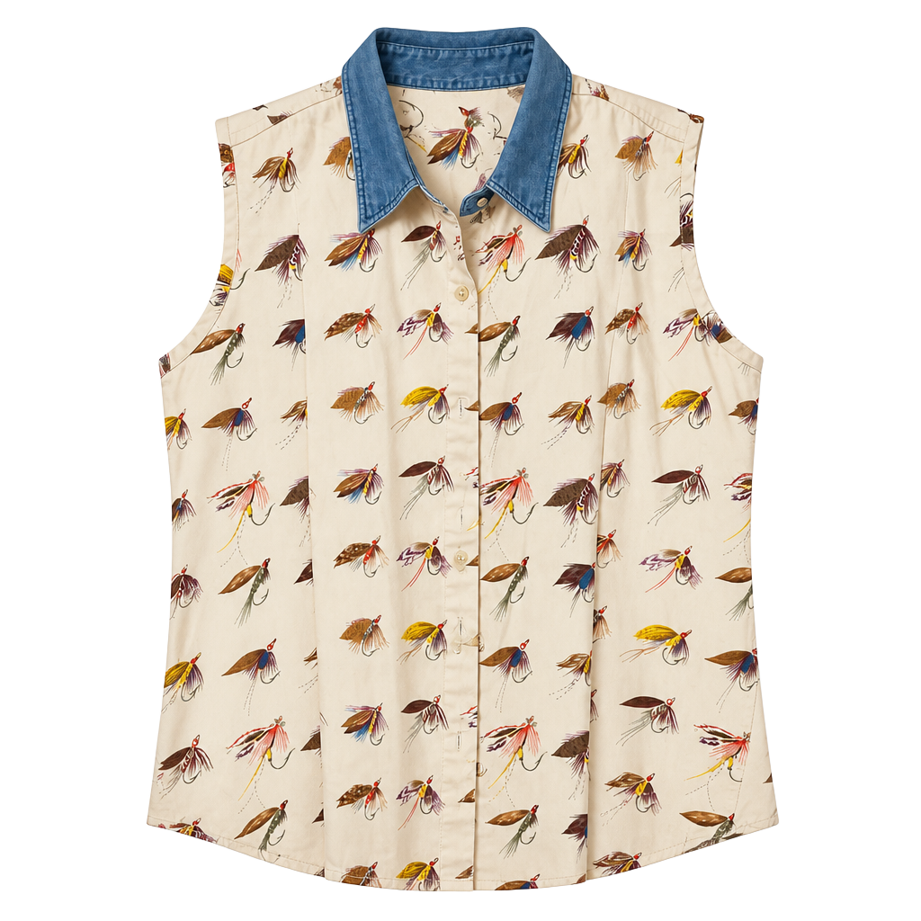 RedHead For Her Vintage Fishing Fly Print Sleeveless Button-Down Shirt 1