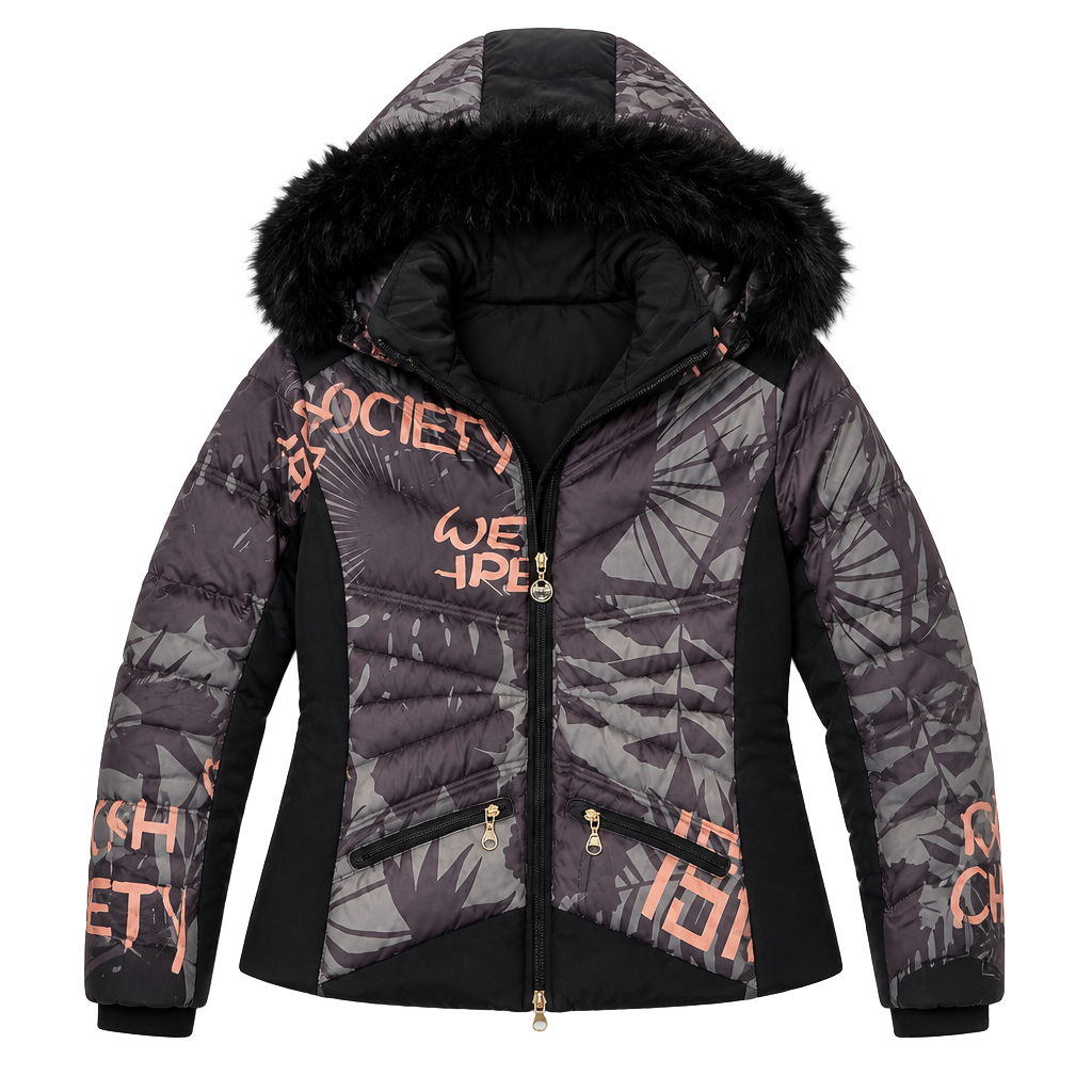 High Society Ski Jacket Faux Fur Size 38 Black Print 1
