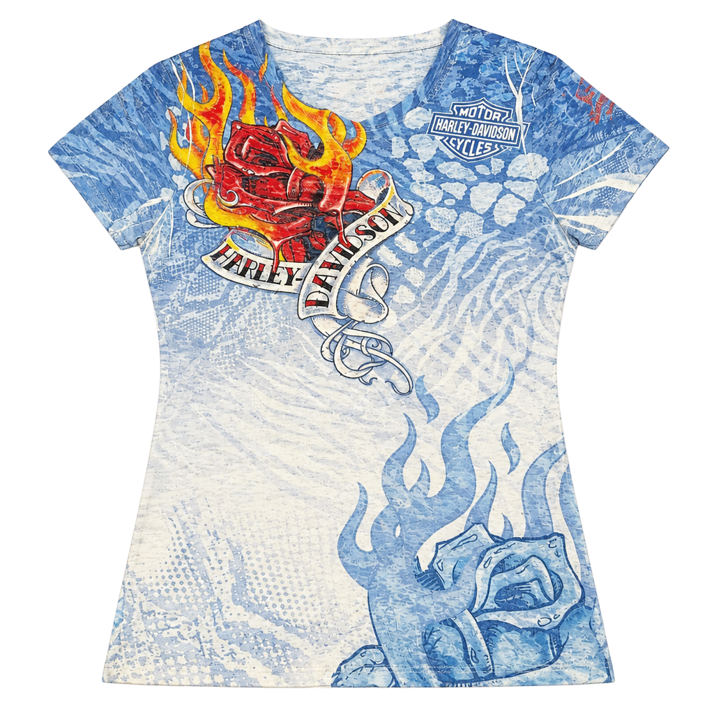 Harley-Davidson Graphic T-Shirt womens Size L Blue Flame Rose 1