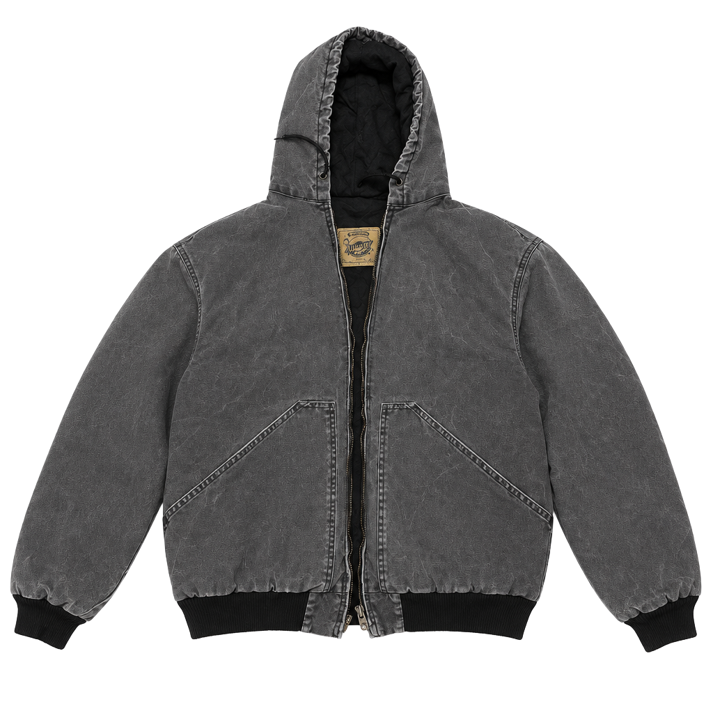 Duxbak Canvas Insulated Hooded Work Jacket Black Distressed Paint Splatter 1