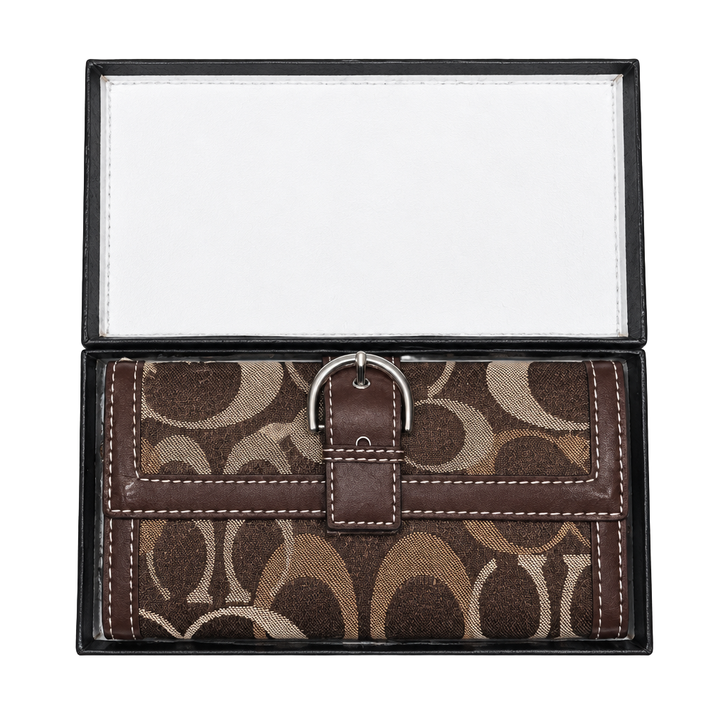 Coach Signature C Brown Canvas Leather Checkbook Wallet With Belt Buckle 1