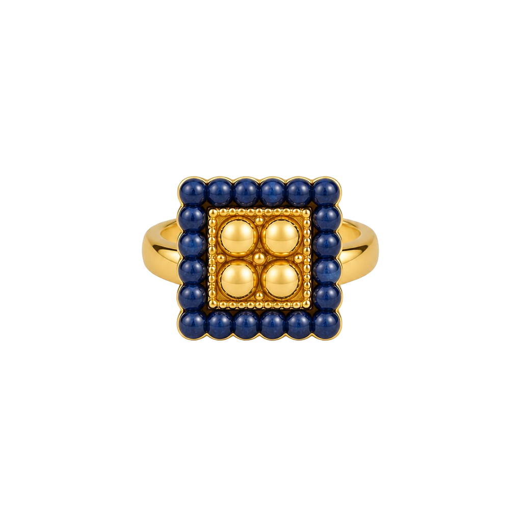 Gold Tone Square Ring with Blue and Amber Bead Detail 1
