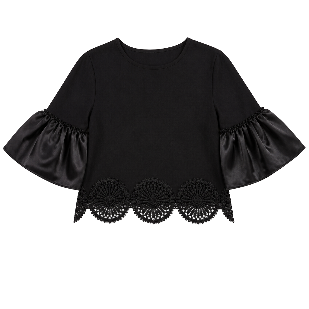 Gracia Black Organza Puff Sleeve Crop Top with Crochet Eyelet Hem 1