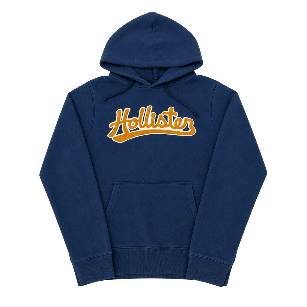 Hollister Navy Blue Pullover Hoodie with Embroidered Script Logo 1