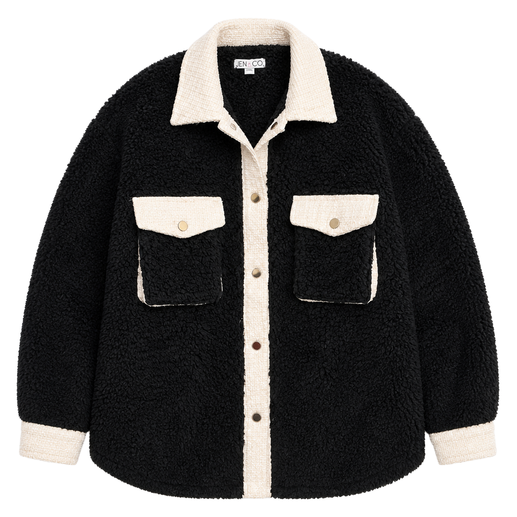 Jen & Co Black Sherpa Tweed Shacket Jacket L/XL 1