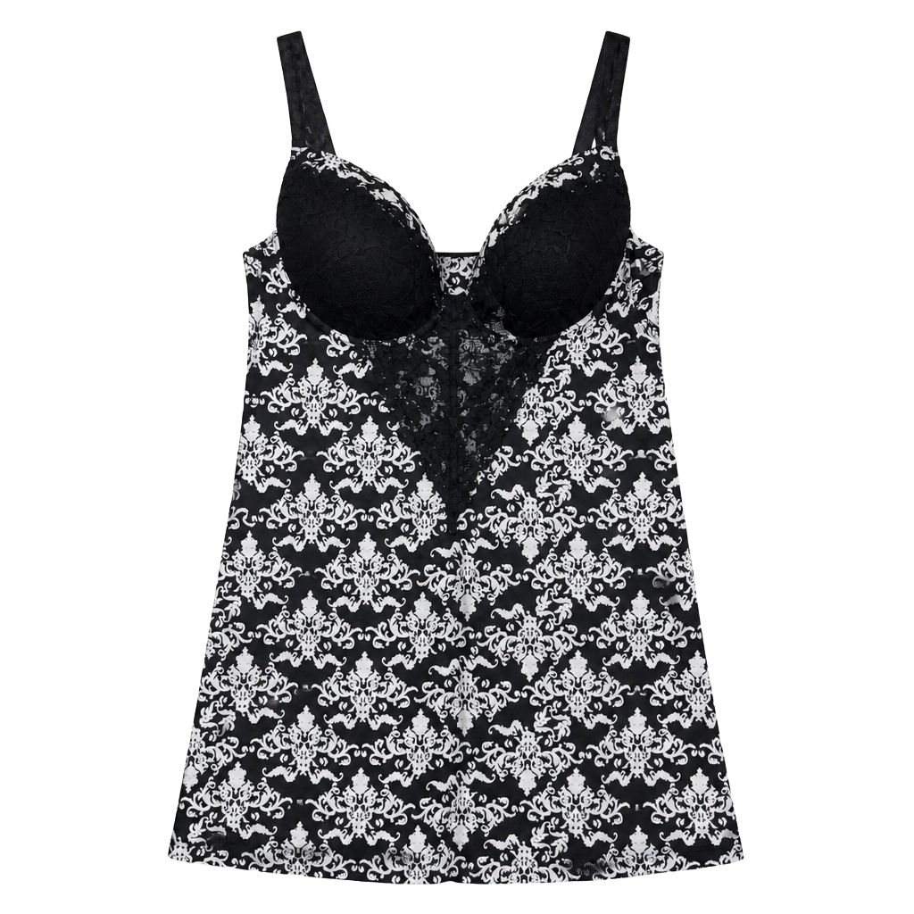 Rhonda Shear Nightgown Style 1242 Size XL Black White Damask Print Lace 1