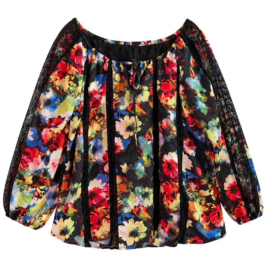 Hot in Hollywood Black Multi Floral Off-Shoulder Lace-Trim Peasant Top 1
