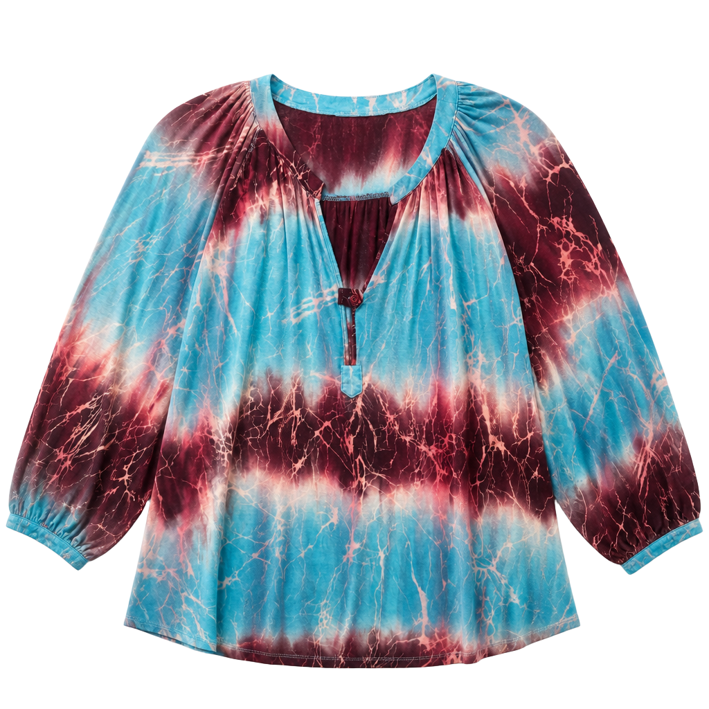 OSO Casuals Blue Marble Tie Dye V-Neck 3/4 Sleeve Top 1