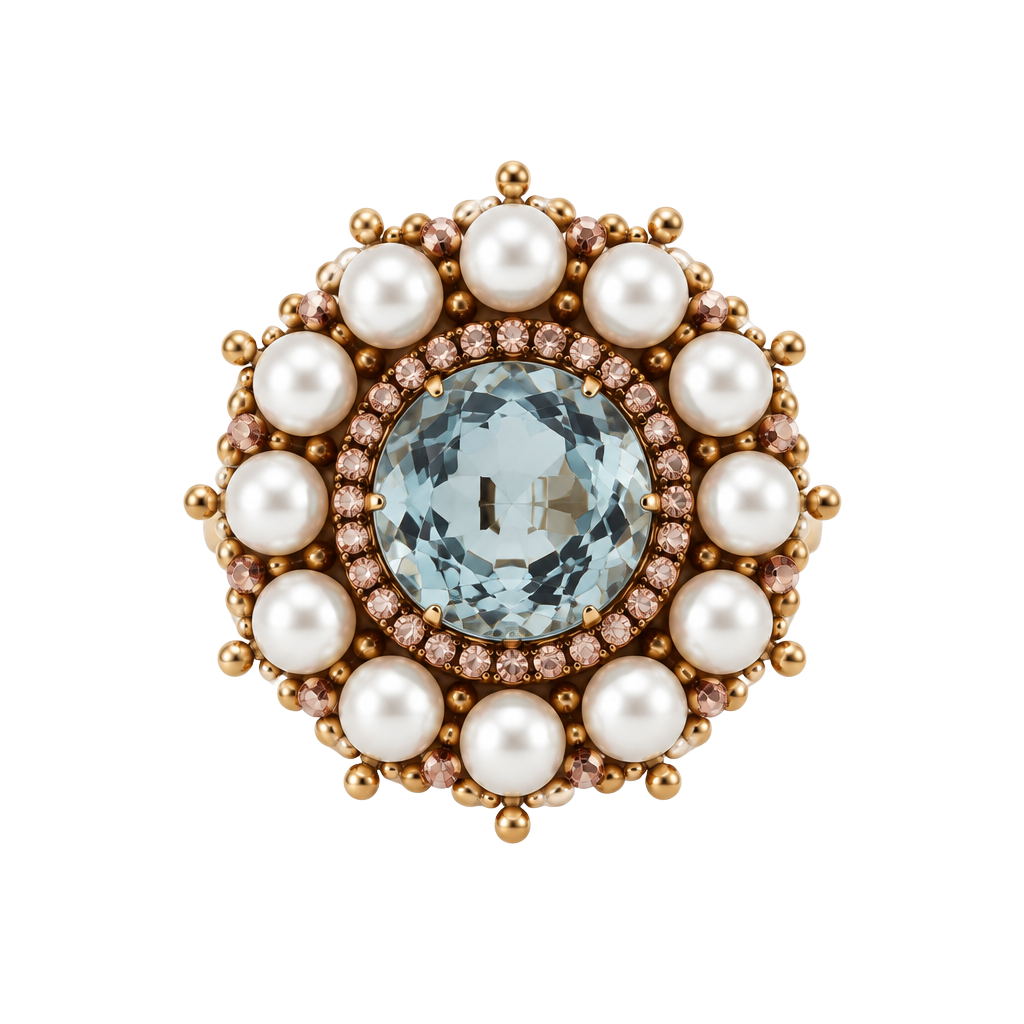 Vintage Statement Ring Size 7.5 Blue Stone Faux Pearl Halo 1