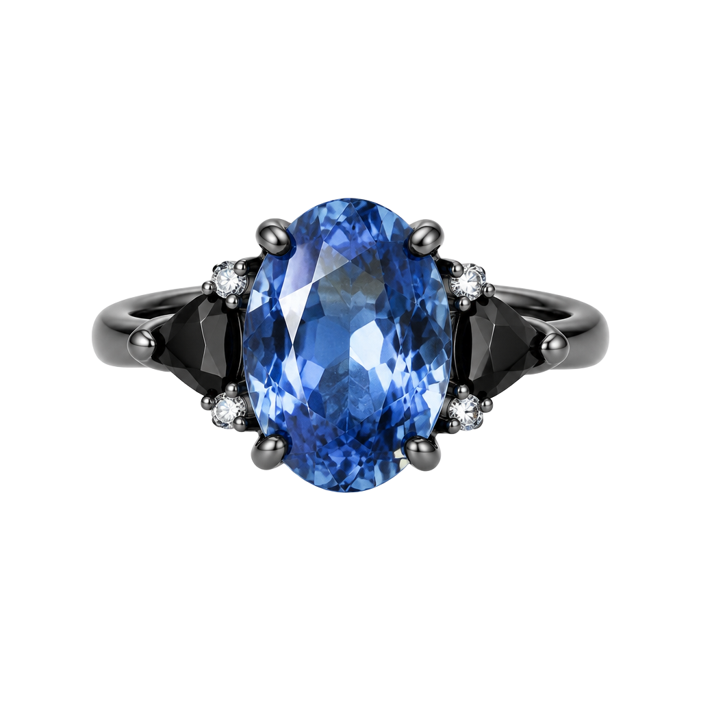 Unbranded Oval Blue Sapphire Three Stone Ring Size 7 Black Rhodium Gothic 1