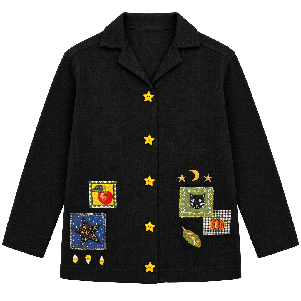 Onque Casuals Halloween Cardigan Black Star Buttons Embroidered Cat 1