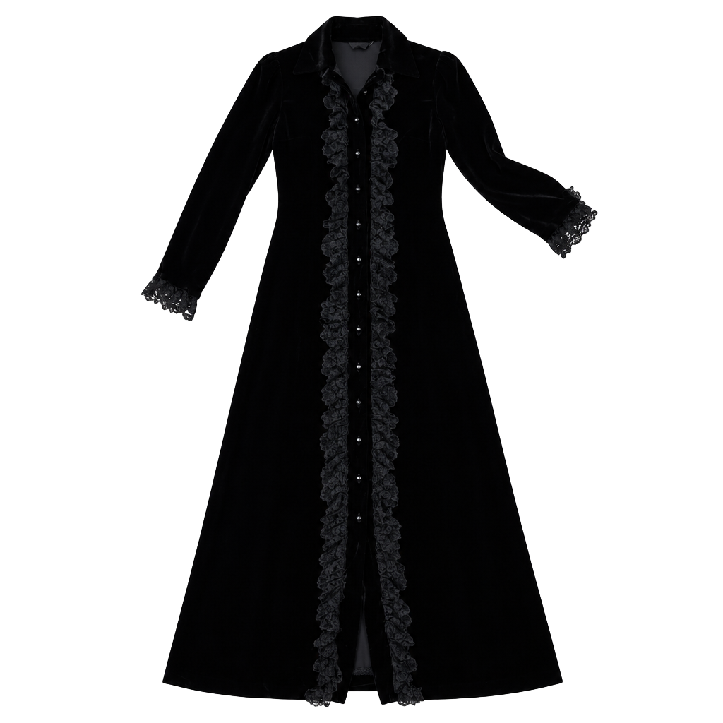 Pat Richards Vintage Velvet Lace Ruffle Long Dress/ Robe Black Gothic size 11/12 1