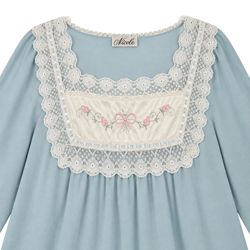 Coquette Cottage core Nicole Vintage Long sleeves Nightgown Light Blue 1