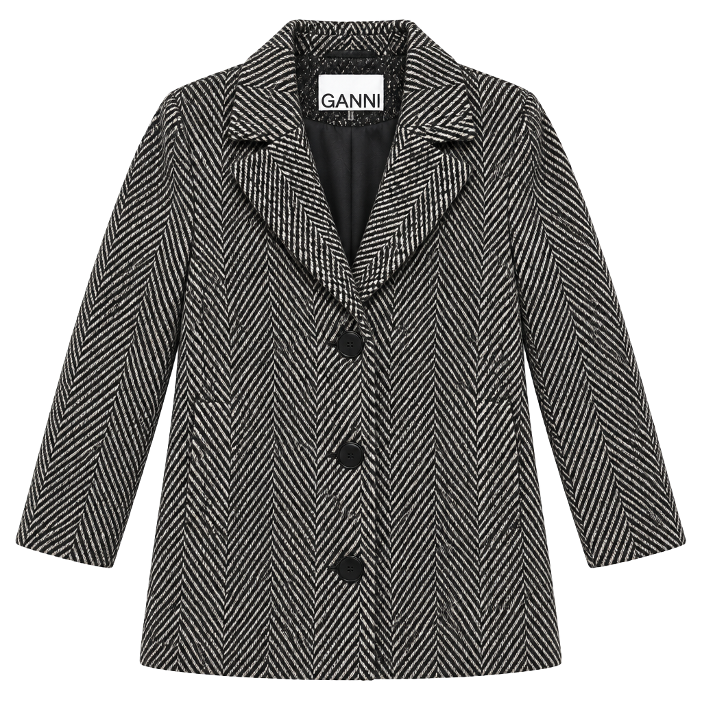 Ganni Herringbone Belted Coat Size 38 Black White Wool Blend 1
