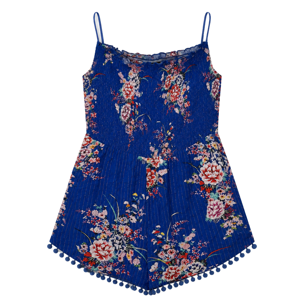 Gen Z Cottagecore HipsterLipsy London Blue Floral Metallic Pom Pom Hem Romper 1