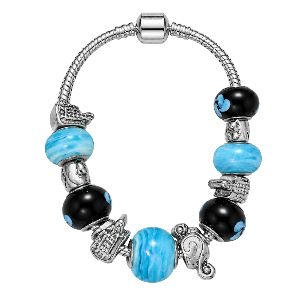Pandora Silver Snake Chain Charm Bracelet Blue Black Glass Beads 1