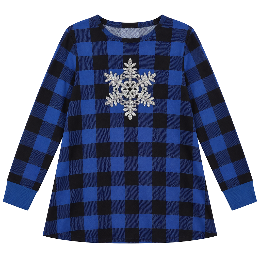 Quacker Factory Buffalo Plaid Snowflake Tunic Size 1X Blue Black Sequin 1