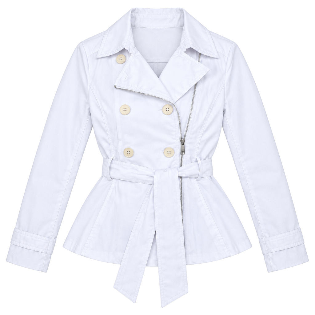 Black Rivet Women’s White Belted Trench Jacket Size S Cotton Blend Moto Style 1