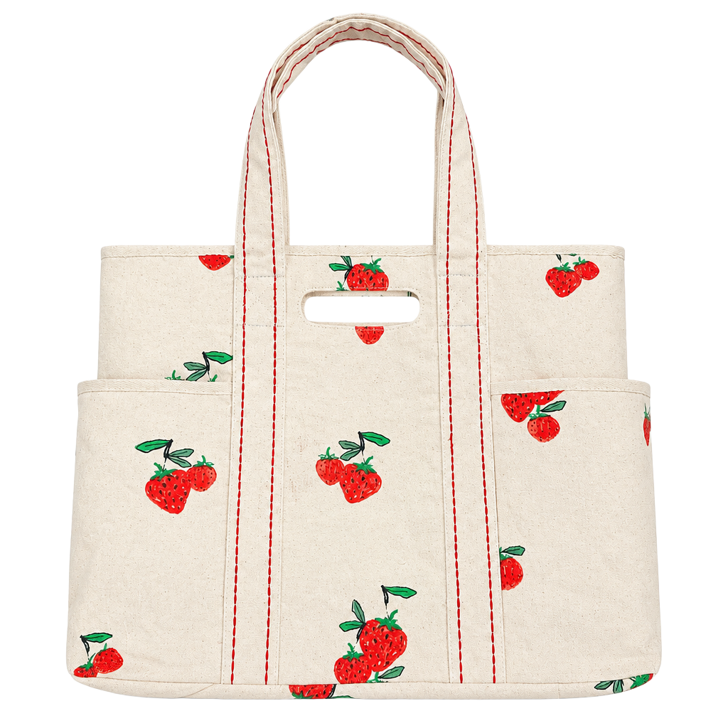 Unbranded Strawberry Print Canvas Tote Bag Multi Pocket Cream 1