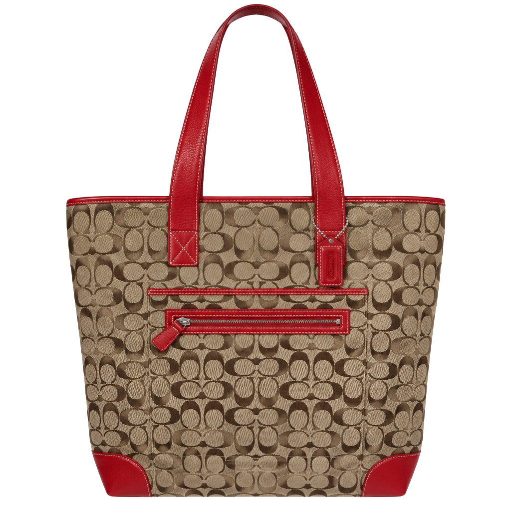 Coach Signature Canvas Red Leather Tote Bag 1