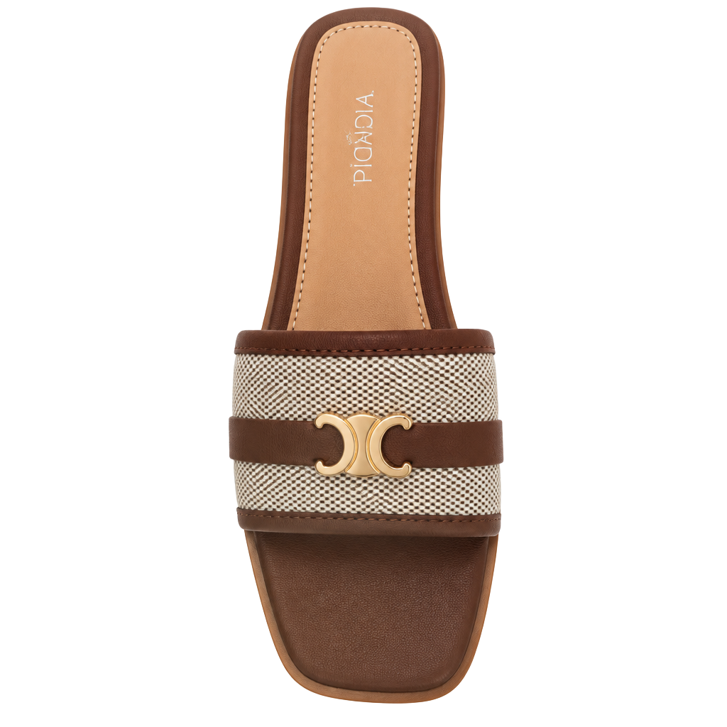 Top Moda Brown and Beige Slide Sandals with Gold Buckle 1