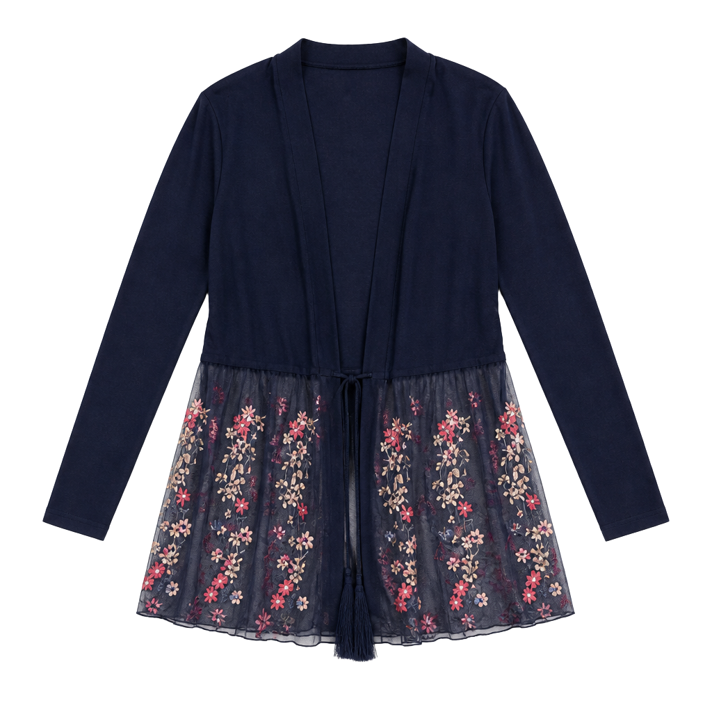 Absolutely Famous Navy Blue Cardigan Sweater with Floral Embroidered Mesh Overlay 1