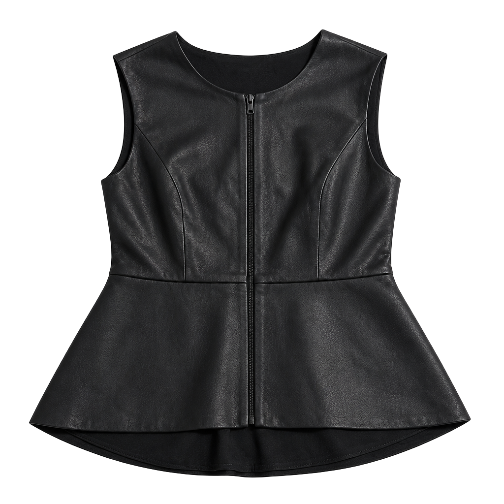 BCBGMAXAZRIA Black Faux Leather Peplum Zip Front Vest Top 1