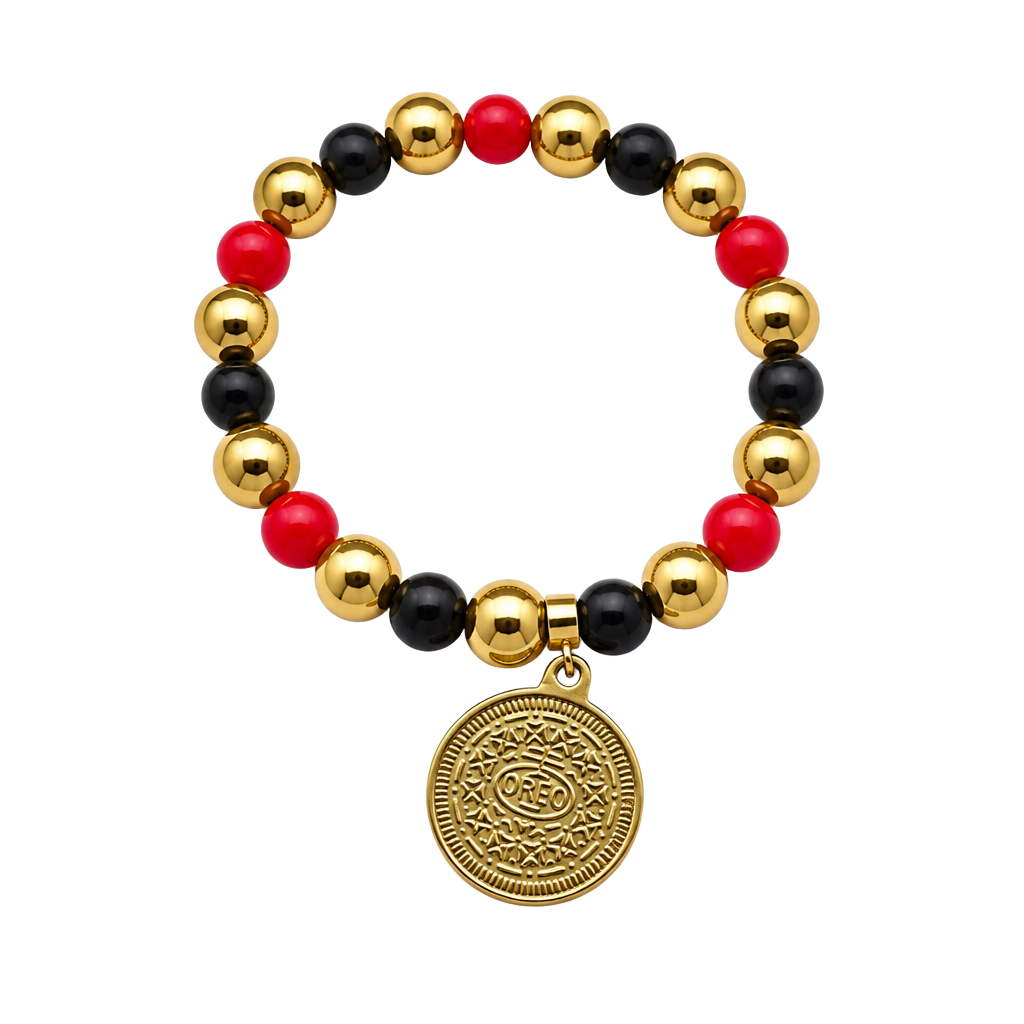 Rustic Cuff Red Black and Gold Beaded Oreo Charm Stretch Bracelet 1