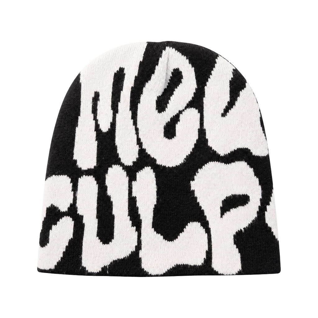 Mea Culpa Black and White Y2K Graphic Knit Beanie 1