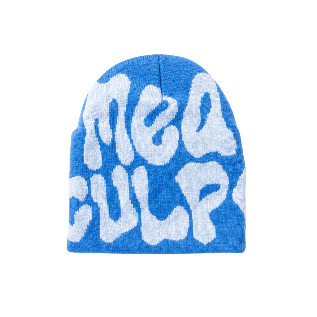 Mea Culpa Blue and White Graphic Knit Beanie 1