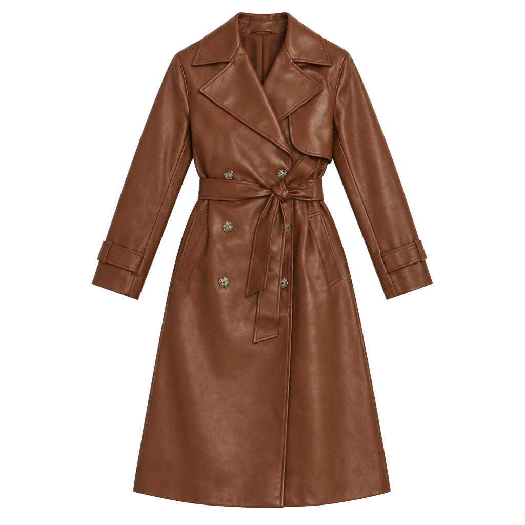 Marc New York Andrew Marc Trench Coat Size M Brown Faux Leather Double Breasted 1