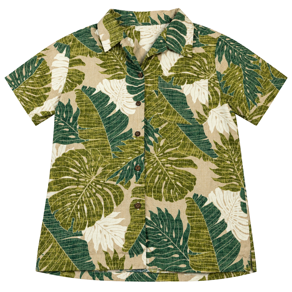 Malihini Hawaii Tropical Leaf Hawaiian Collared Button Down Shirt Green Size M (OF) 1