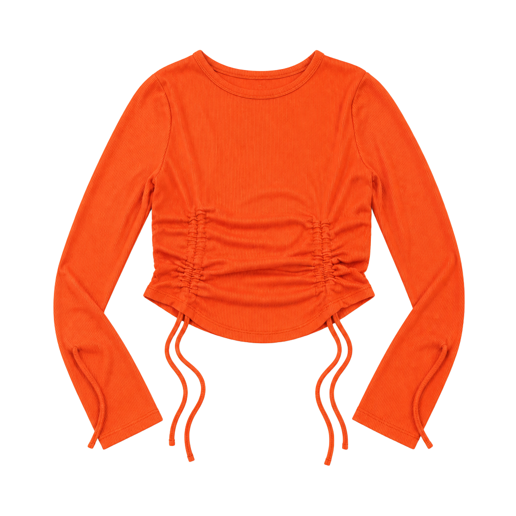 Eyes Candies Orange Ribbed Long Sleeve Crop Top with Ruched Sides 1