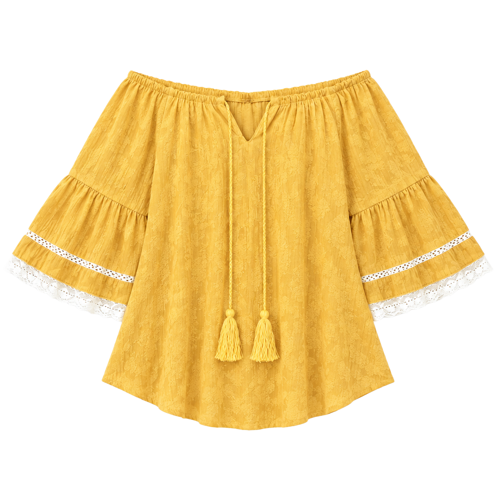 Entro women’s small Yellow Off Shoulder Bell Sleeve boho Top 1
