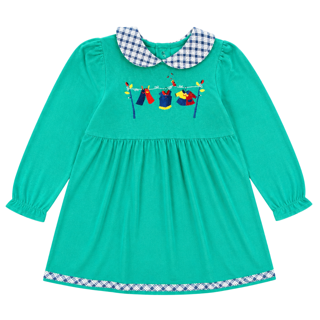 Vintage KaBoom! Toddler Girl Green Long Sleeve Dress with Clothesline Embroidery Size 4 1