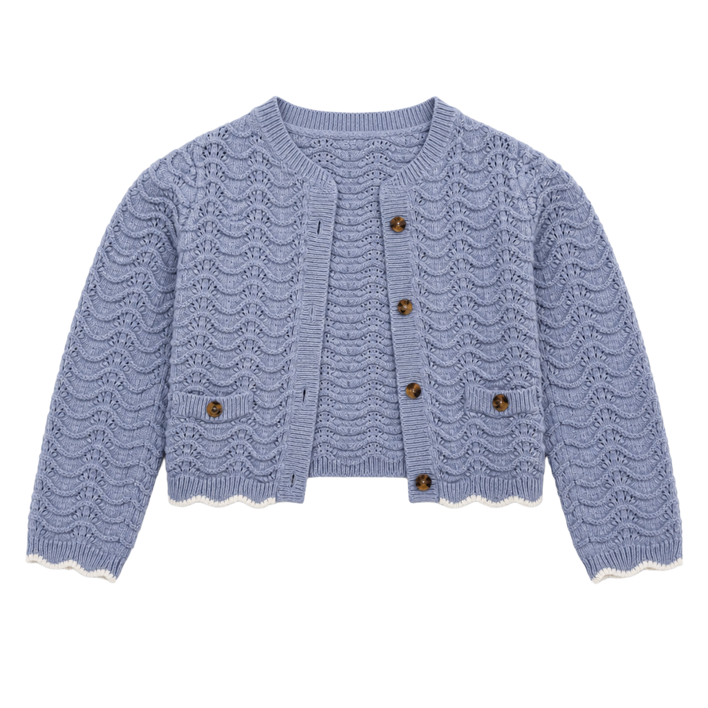 H&M Kids Blue Pointelle Knit Scalloped Edge Cardigan Sweater Size 6-8 Years 1