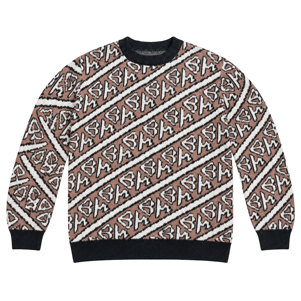 Graffiti Jacquard Crewneck Pullover Brown Black Sweater 1