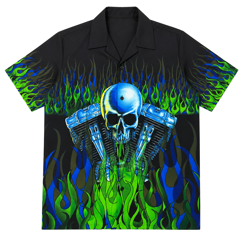 Y2K Skull Engine Green&Blue Flames Button-Up 1